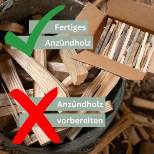 Anfeuerholz Vergleich: Fertiges Anzündholz im Karton, nicht vorbereitetes im Eimer.