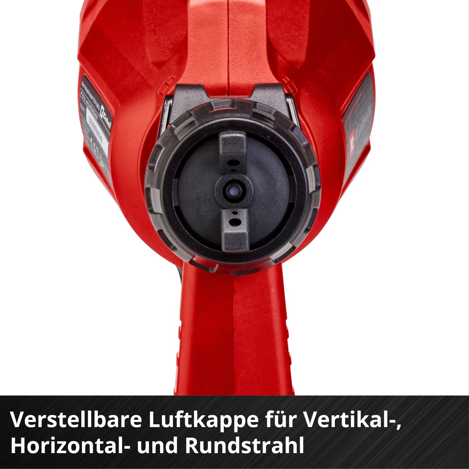 Detailaufnahme des roten Einhell Akku-Farbsprühsystems TC-SY 18/60 Li-Solo, Fokus auf die verstellbare Düse.