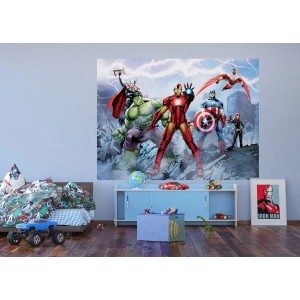 Fototapete mit den Rächer-Superhelden in Blau, Rot und Grün für das Kinderzimmer.