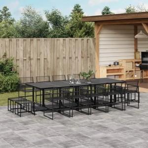 Schwarze vidaXL Garten-Essgruppe aus Rattan mit Tisch, Stühlen und Hockern für den Außenbereich.