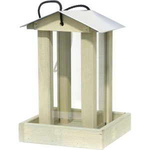 Moderne Futterstation aus Pinie und Acrylglas mit Zinkdach zum Aufhängen.