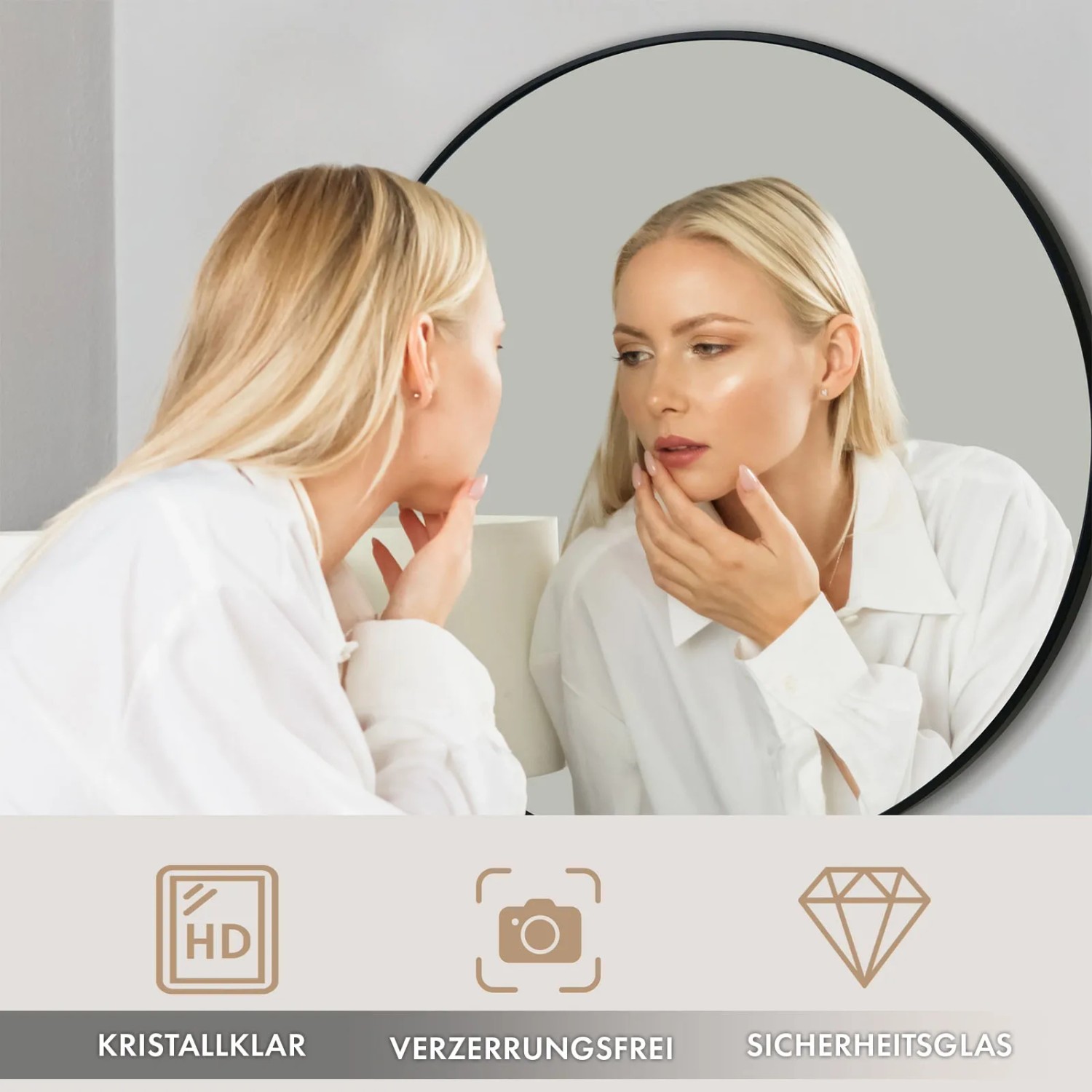 Runder Wandspiegel Bella mit schwarzem Rahmen aus Aluminiumlegierung, Ø 50 cm.