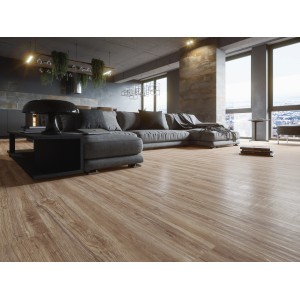 Beige Feinsteinzeug Bodenfliese Oak grande mit Holzstruktur im Wohnraum.