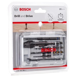 Bosch Extra Hard Set, 20-teilig: Bitset mit HSS-Spiralbohrern und Schrauberbits im transparenten Kasten.