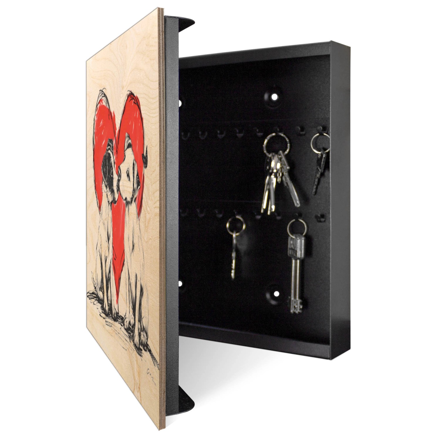 Offener Banjado Schlüsselkasten aus Holz mit Hunde-Motiv, 50 Haken zur Schlüsselaufbewahrung.