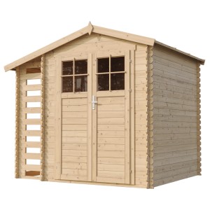 Timbela Holz-Gartenhaus mit Brennholzregal, 4,5 m², unbehandeltes Holz mit Doppeltür.
