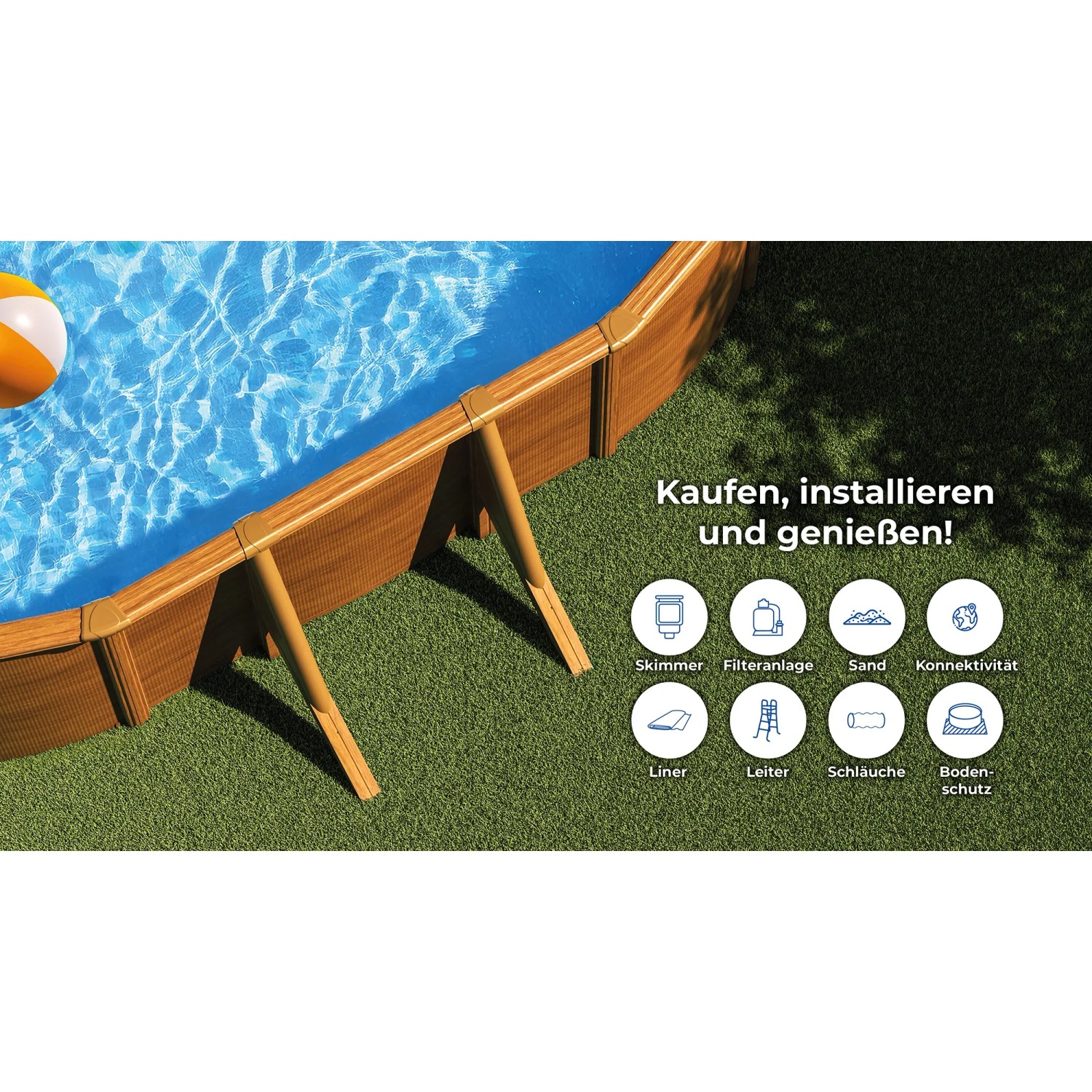 Gre Pool Mauritius Oval mit Holzoptik, teilweiser Ansicht des Pools mit Zubehör.