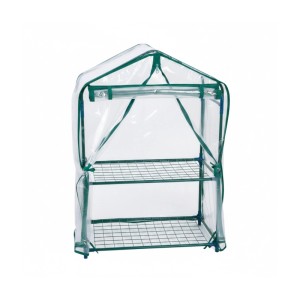 Kompaktes Balkongewächshaus aus grünem Stahl und transparenter PVC-Folie, mit 2 Gitteretagen und aufrollbarer Tür.