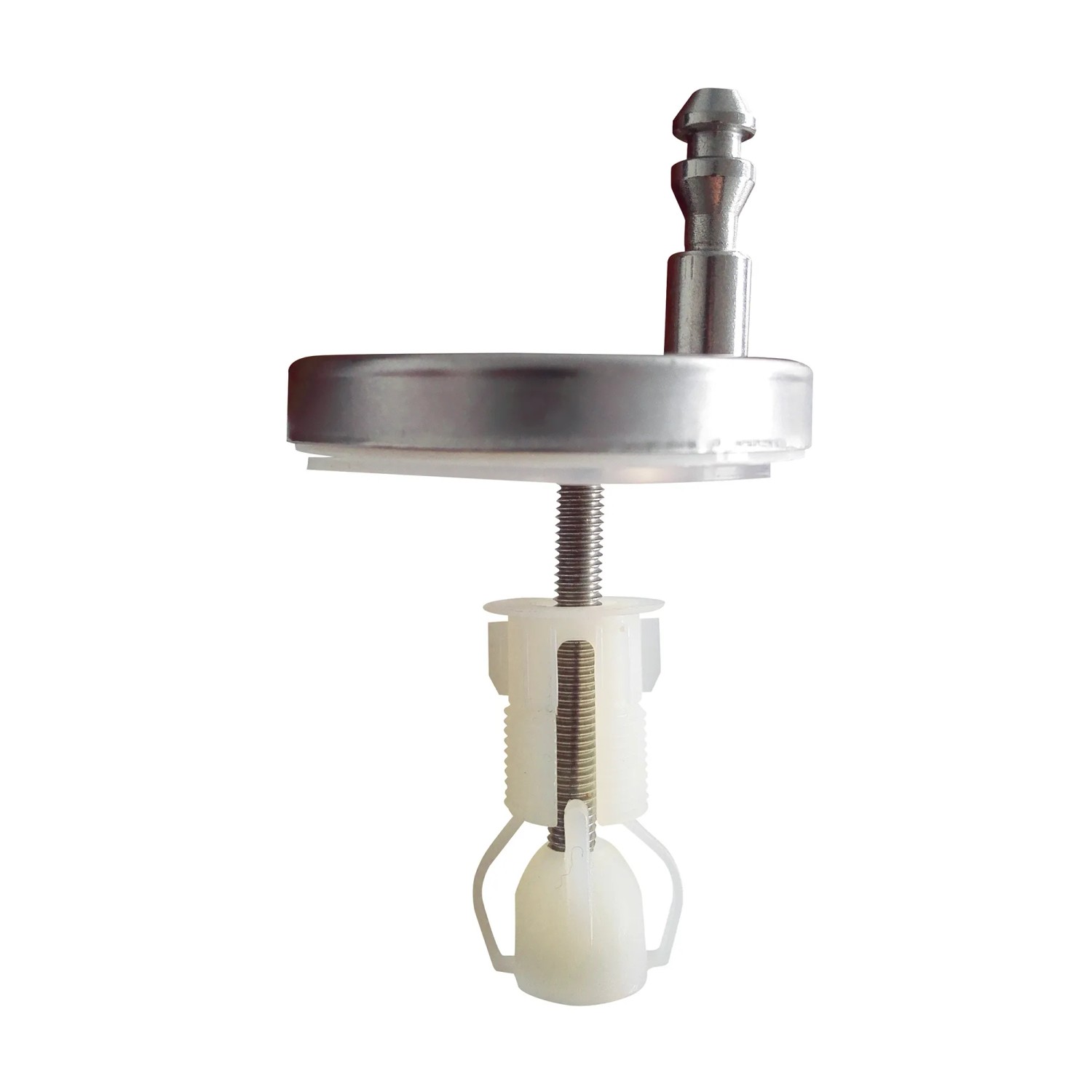 Detailaufnahme der Befestigung für einen weißen MSV WC-Sitz aus Duroplast mit Edelstahlscharnier.