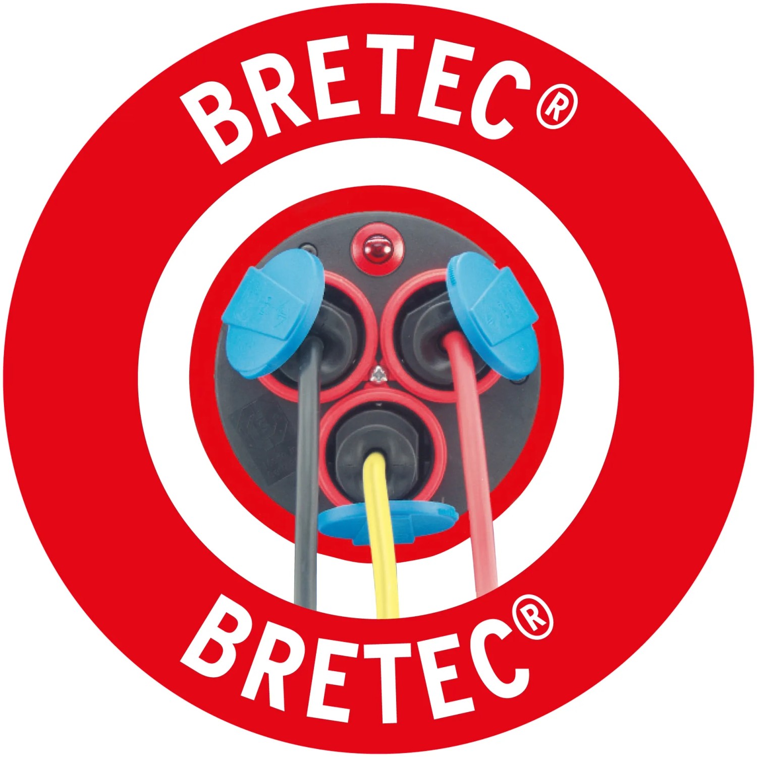 Detailaufnahme der Brennenstuhl Baustellen-Kabeltrommel Garant Bretec IP44 mit 3 Steckdosen.