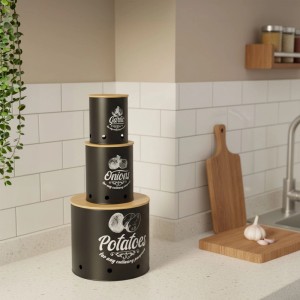 Relaxdays Aufbewahrungsbox 3er Set Stahl Schwarz Stapelbar mit Bambusdeckel