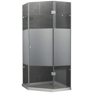 Teilsatinierte 5-Eck Duschkabine 90x90 cm mit Drehtür und Duschwanne, DIN rechts.