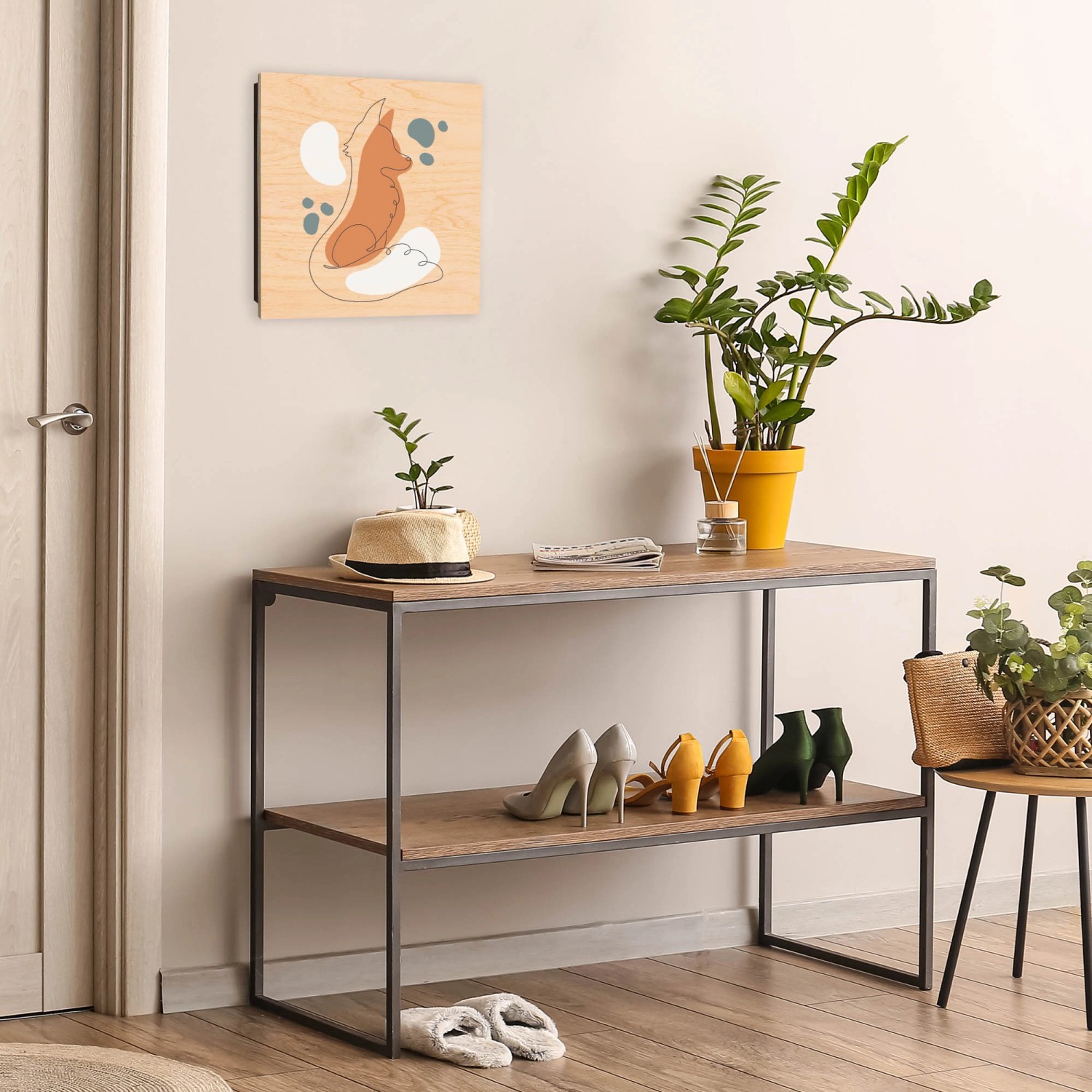 Schwarzer Banjado Schlüsselkasten aus Holz, 30x30cm, mit Fuchs Motiv im Flur.