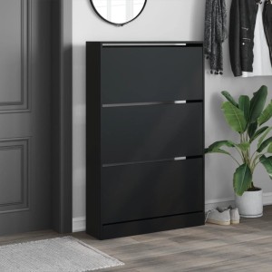 Schwarzer vidaXL Schuhschrank (80x21x125,5 cm) aus Holzwerkstoff mit drei Fächern.