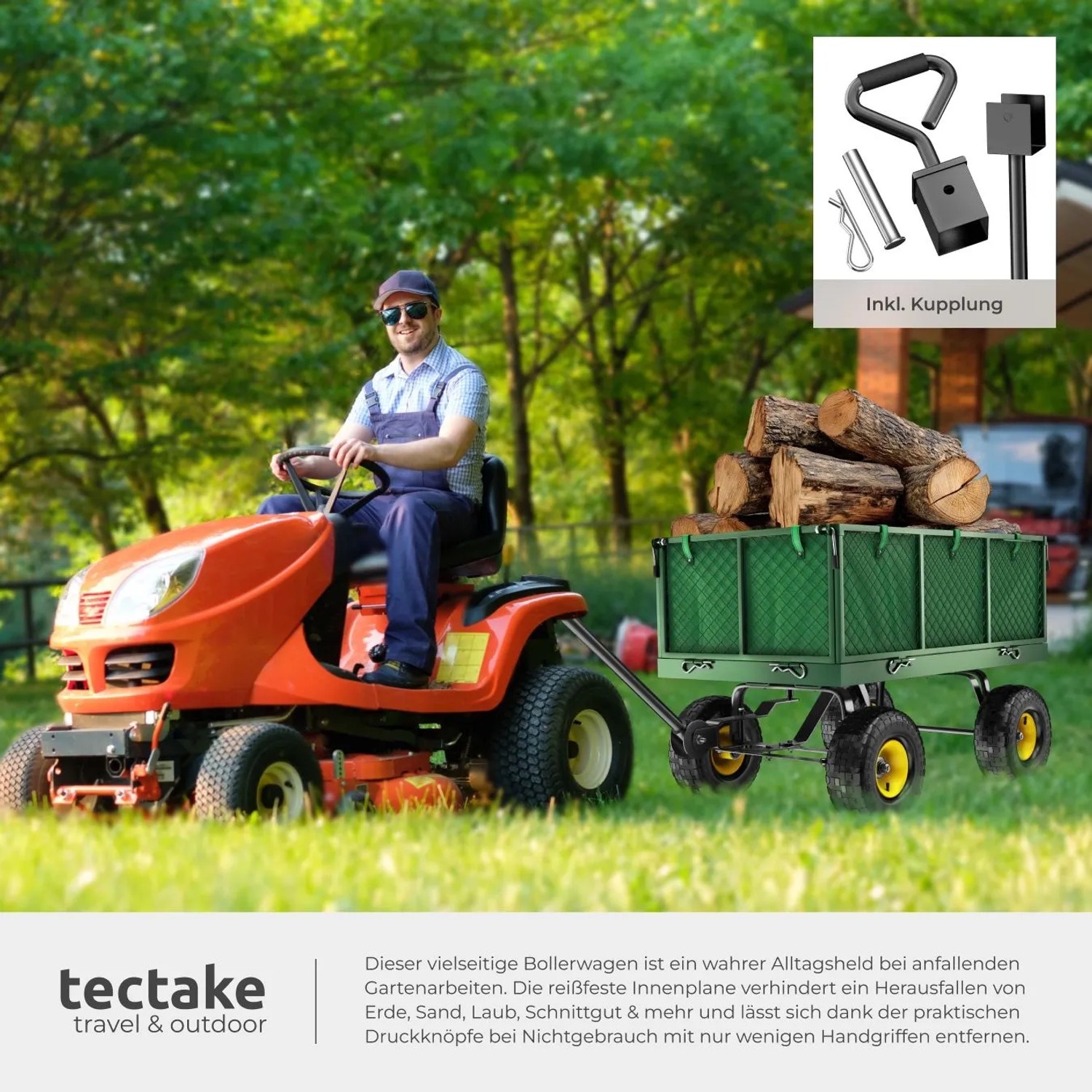 Grüner Tectake Bollerwagen mit Holzladung, gezogen von Rasentraktor. Inkl. Kupplung.