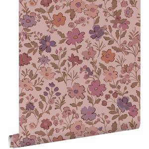 ESTAhome Vliestapete mit Blumenmuster in Dunkelviolett und Rosa, 50x900cm.
