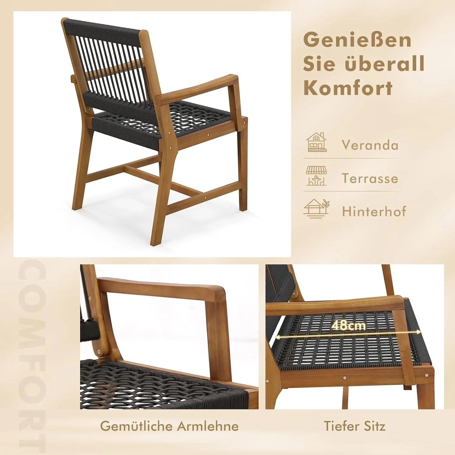 2er Set Costway Gartenstühle aus Akazienholz mit Seilgeflecht, ideal für Garten, Terrasse oder Balkon.