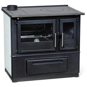 Plamen Küchenofen Slavonac Weiß, linke Version, 8 kW. Holzherd mit Backfach und Feuer.