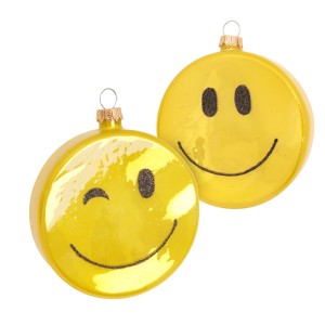 Krebs Glas Lauscha Baumschmuck: zwei gelbe Smiley-Taler, einer zwinkernd, einer lächelnd, mit Glitzer.