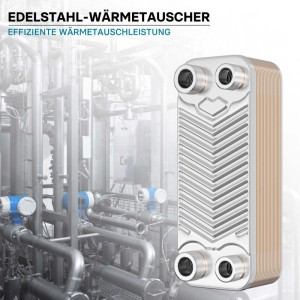 Wiltec Edelstahl Plattenwärmetauscher, 20 Platten, 44 kW, mit vier Anschlüssen, vor industrieller Anlage.