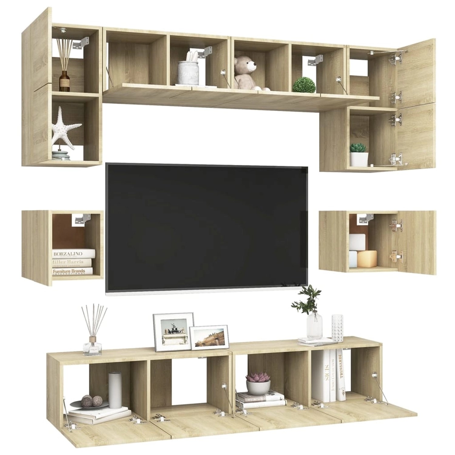VidaXL TV-Schrank-Set, 8-teilig, Sonoma-Eiche, Holzwerkstoff. Wohnwand mit viel Stauraum.