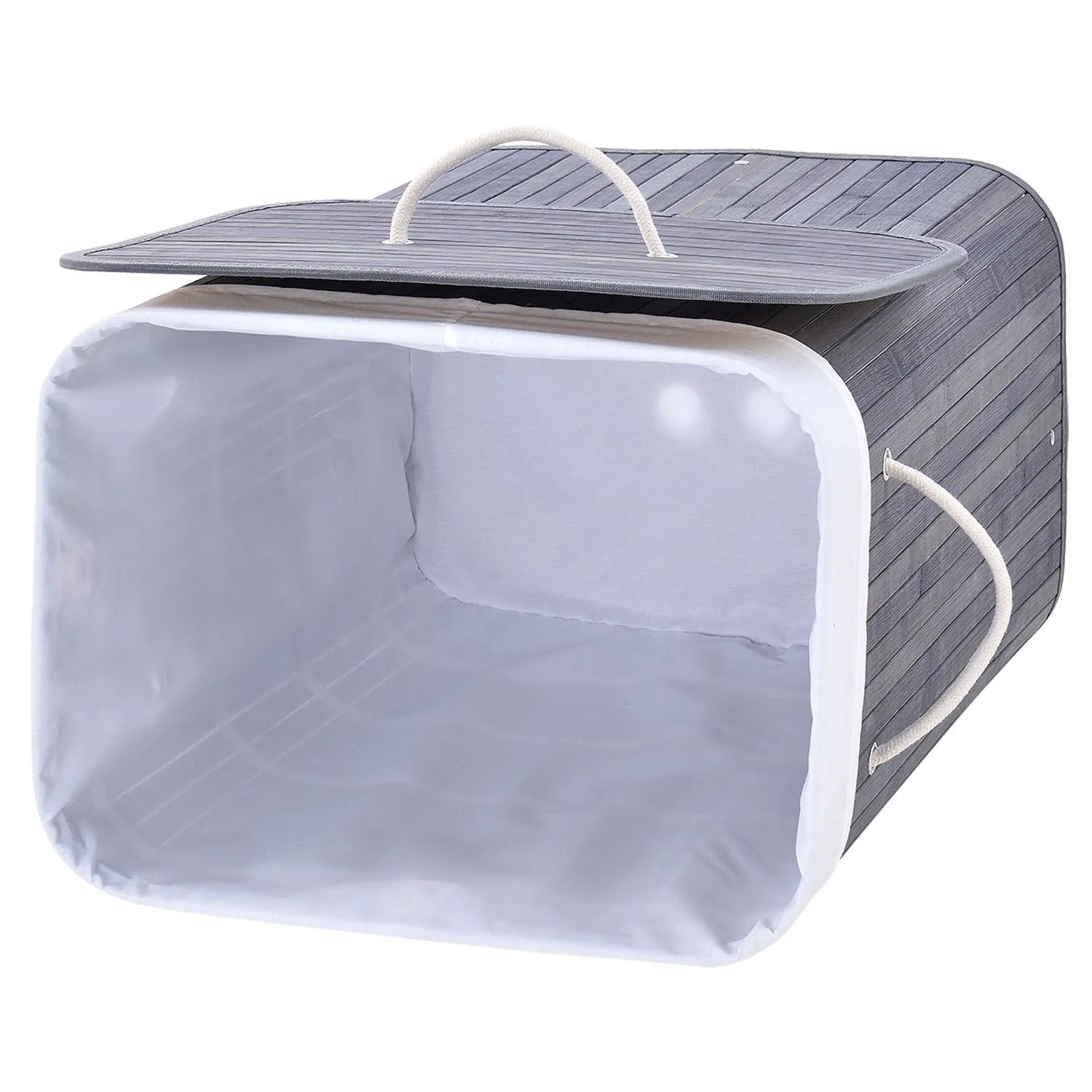 Grauer Bambus Wäschekorb (72L) mit Deckel und Wäschesack. Praktisch für Bad oder Schlafzimmer.