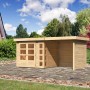 Karibu Holz-Gartenhaus Sölve, naturbelassen mit Flachdach und Anbau. Unbehandeltes Holz.