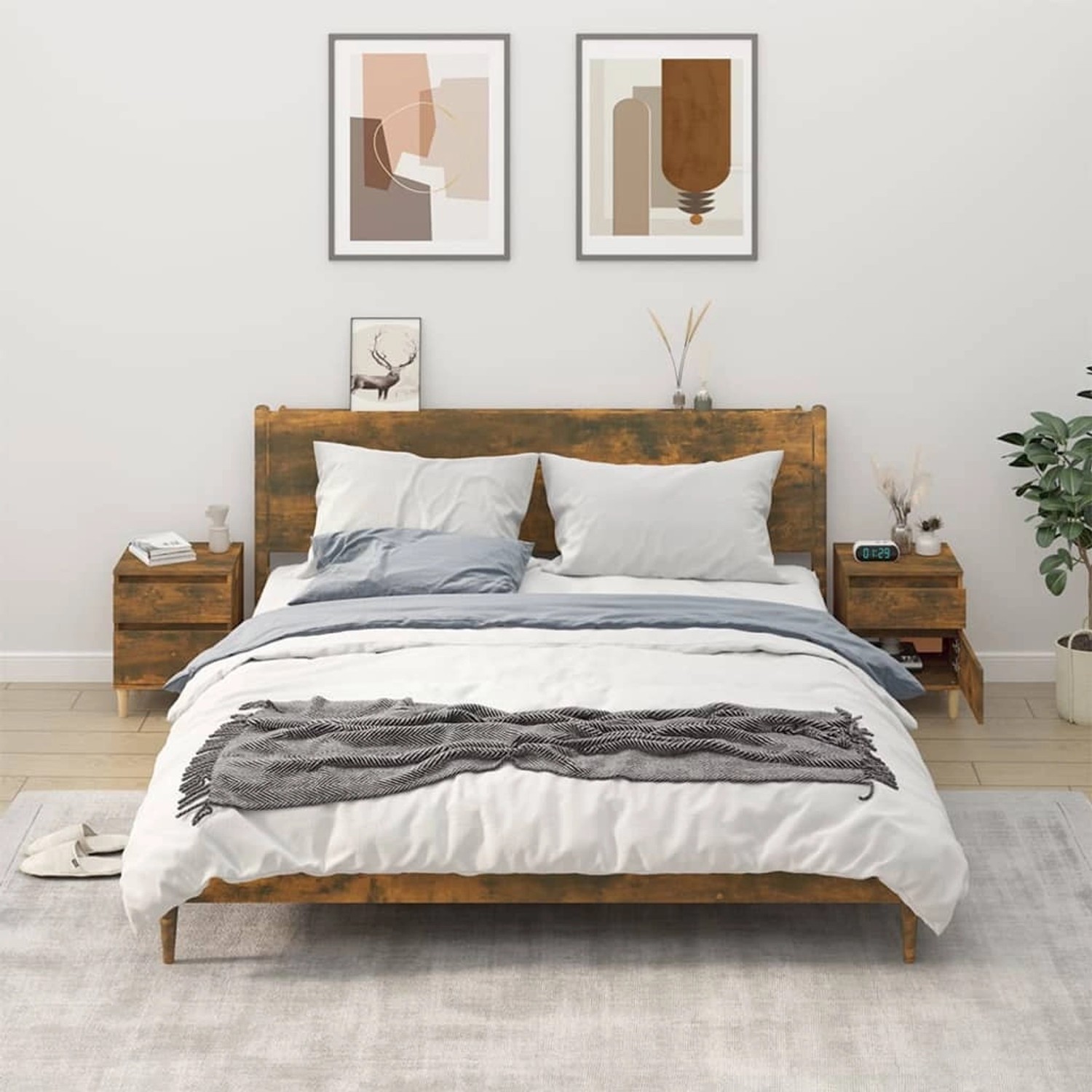 vidaXL Nachttische (2 Stk.) in Räuchereiche neben einem Bett mit geöffneter Schublade.