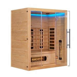 Artsauna Infrarotkabine Kiruna160 aus Hemlockholz mit Glastür und LED-Beleuchtung.