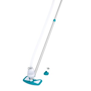 Bestway Pflegeset: Blauer Poolsauger mit transparentem Filter, weißem Schlauch und silberner Teleskopstange.