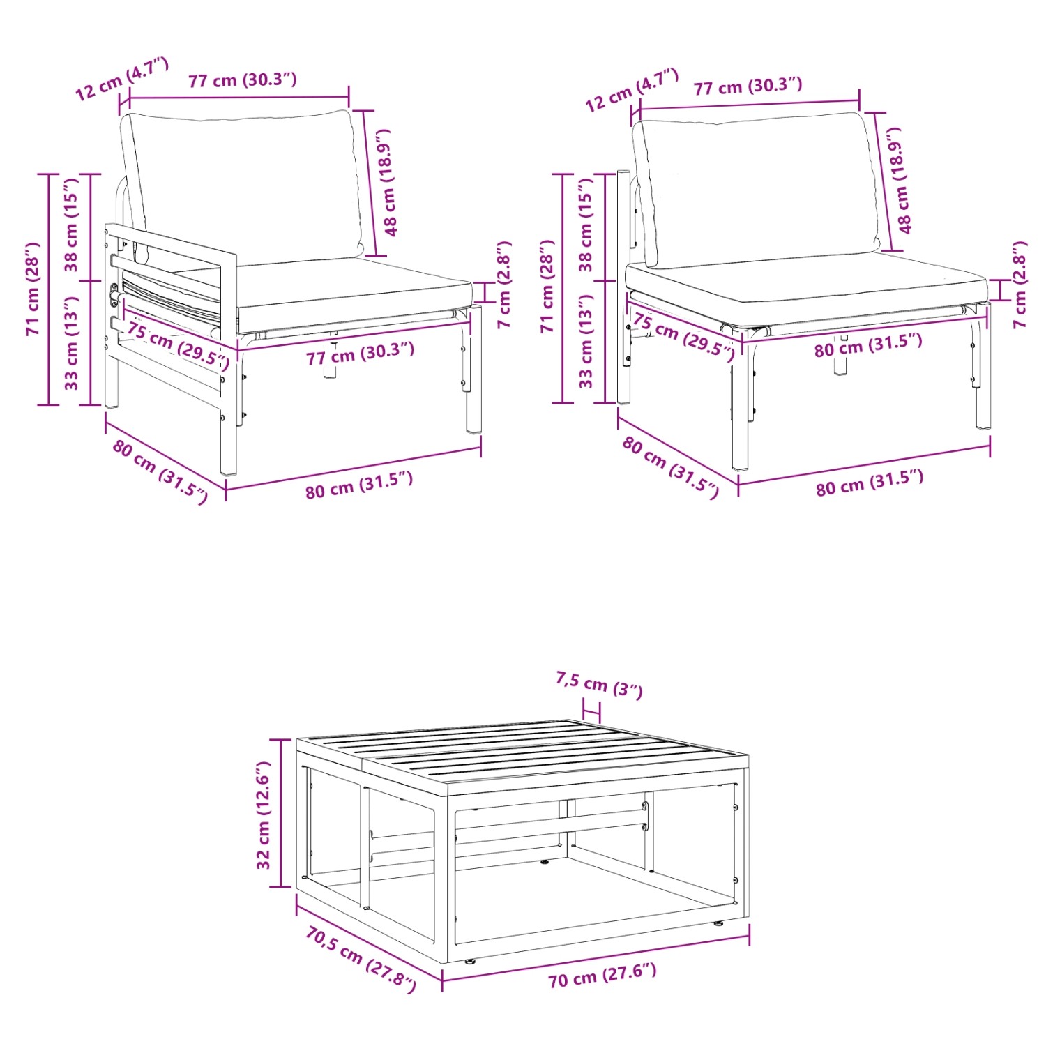 vidaXL Gartenmöbel-Set anthrazit, 8-teilig, mit Maßen von Sofa, Sessel und Tisch.