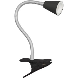 Schwarze LED-Klemmleuchte by jedi mit flexiblem Arm für Schreibtisch oder Werkbank.