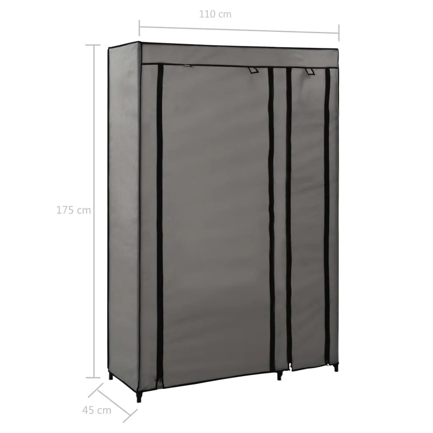 Grauer vidaXL Faltschrank (110x45x175 cm) aus Stoff und Stahlrohr.