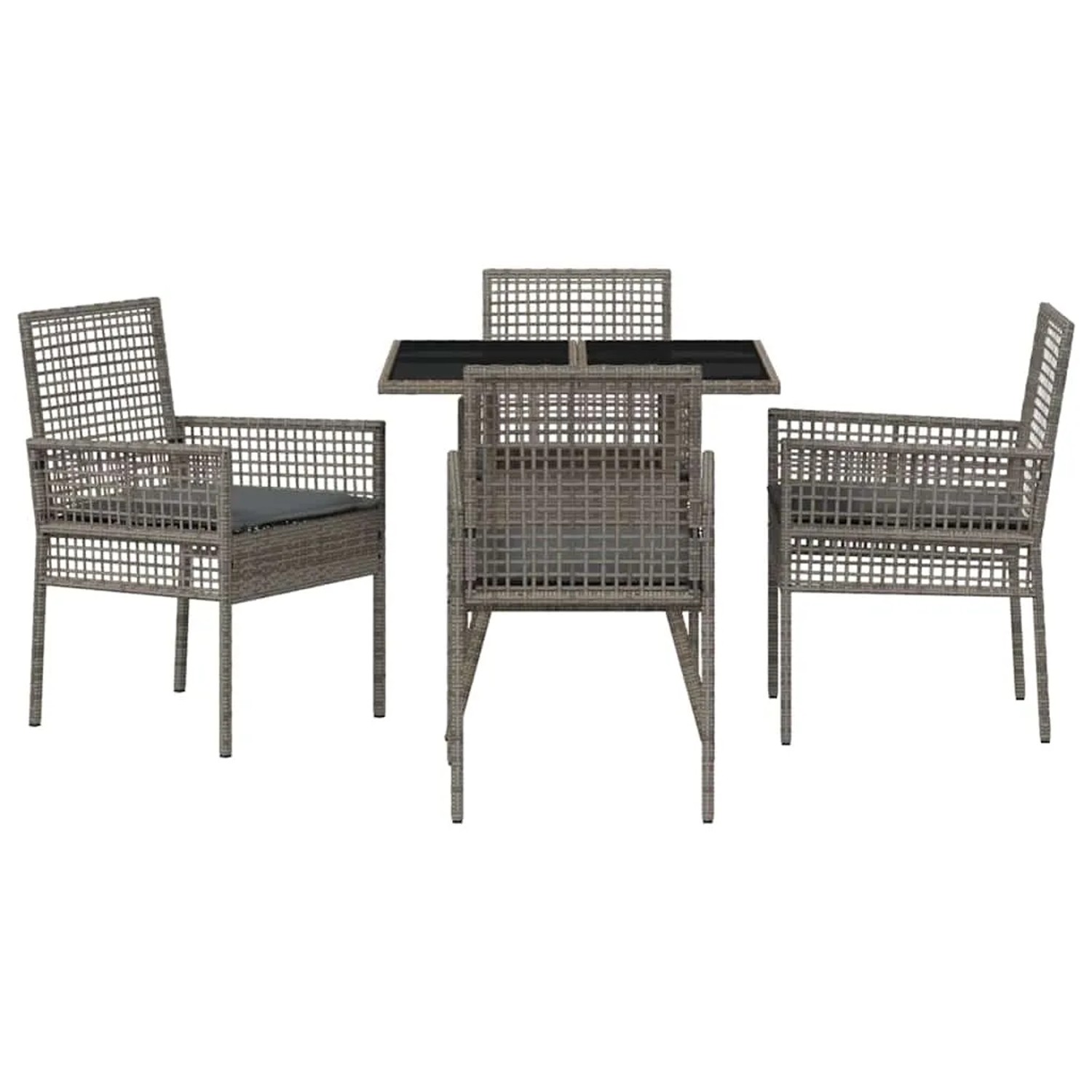 Graue vidaXL Garten Essgruppe, 5-teilig, aus Poly Rattan mit Tisch und 4 Stühlen.