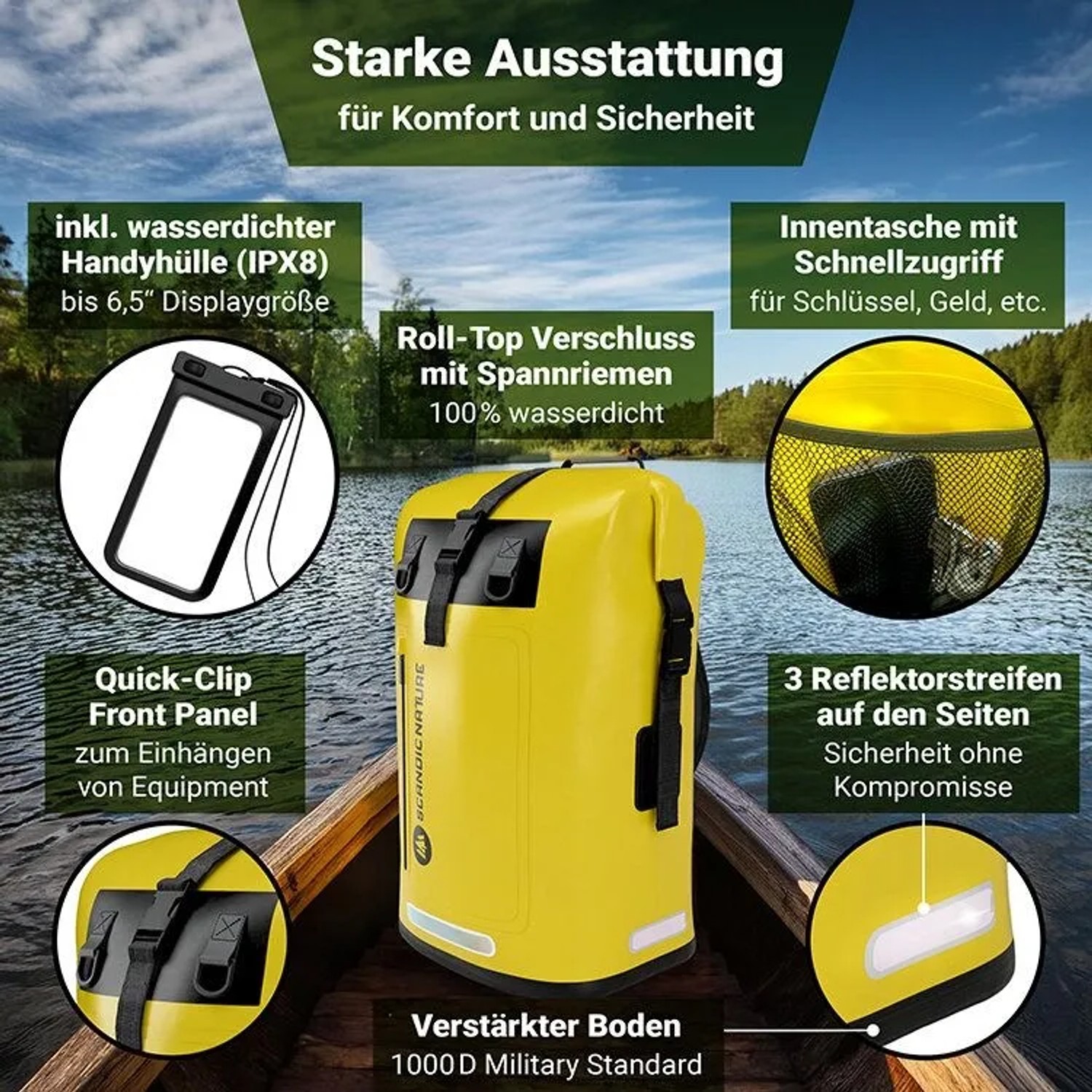 Gelber SCANDIC NATURE Rucksack Pioneer 35L im Boot. Wasserdichter Roll Top Wanderrucksack mit Reflektoren, verstärktem Boden & Handyhülle.