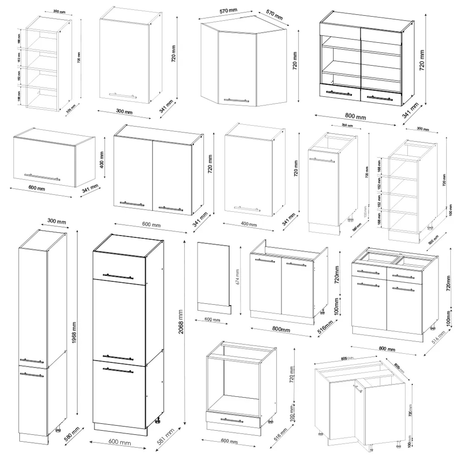Skizze: Vicco Fame-Line Eckküche, weiße Küchenmodule mit Maßangaben für die Küchenplanung.