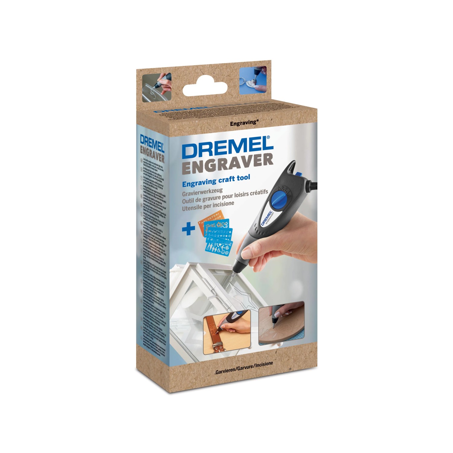 Dremel 290-3 Gravierer Hobby Edition im Karton, mit Schablonen und Gravuraufsätzen.
