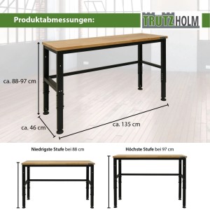 TRUTZHOLM Werkbank, höhenverstellbar, 135x46 cm, mit Hartholzplatte und Stahlgestell. Werkstatteinrichtung.