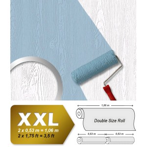 Überstreichbare Struktur-Tapete in Holzoptik, weiß, mit Farbroller (blau).