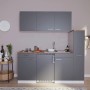 Respekta Küchenzeile KB180WG, 180 cm, grau-weiße Single-Küche mit Spüle, Kochfeld und Kühlschrank.