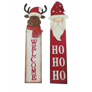 Mehrfarbiges Weihnachtsdeko-Schild: Hirsch mit 'Welcome', Weihnachtsmann mit 'Ho Ho Ho'.