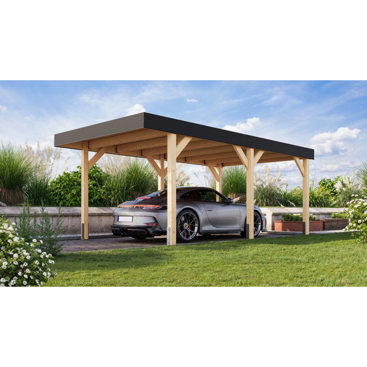 Karibu Einzelcarport aus Leimholz, naturbelassen, mit anthrazitfarbener Dachblende und Auto.