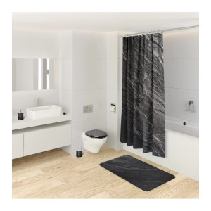 Badezimmer mit Sanilo WC-Sitz Granit, Duschvorhang und Badteppich im Granit-Design.