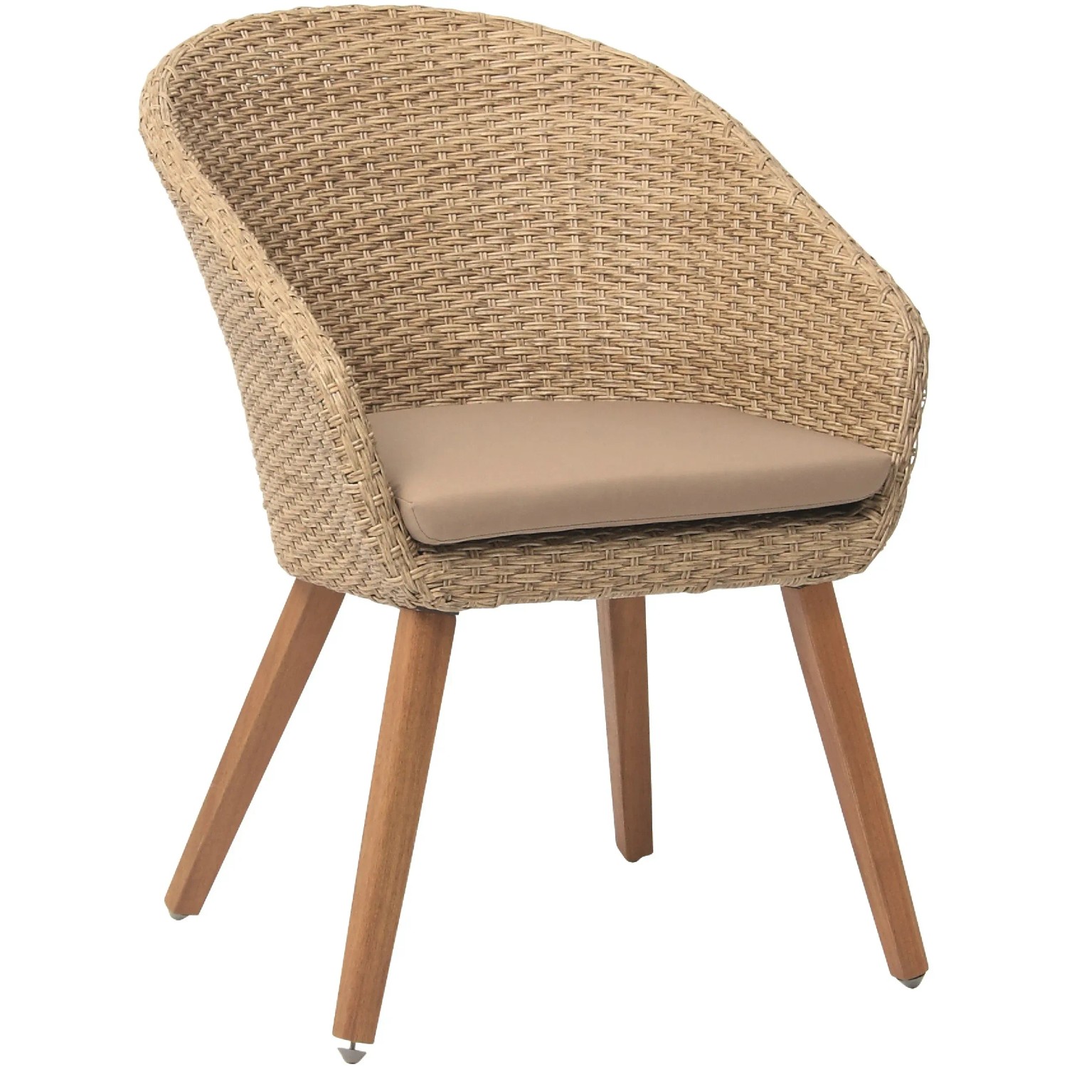 Acamp Atacama Armsessel: Gartenstuhl mit Teakholzbeinen und beigem FlexMesh-Geflecht.