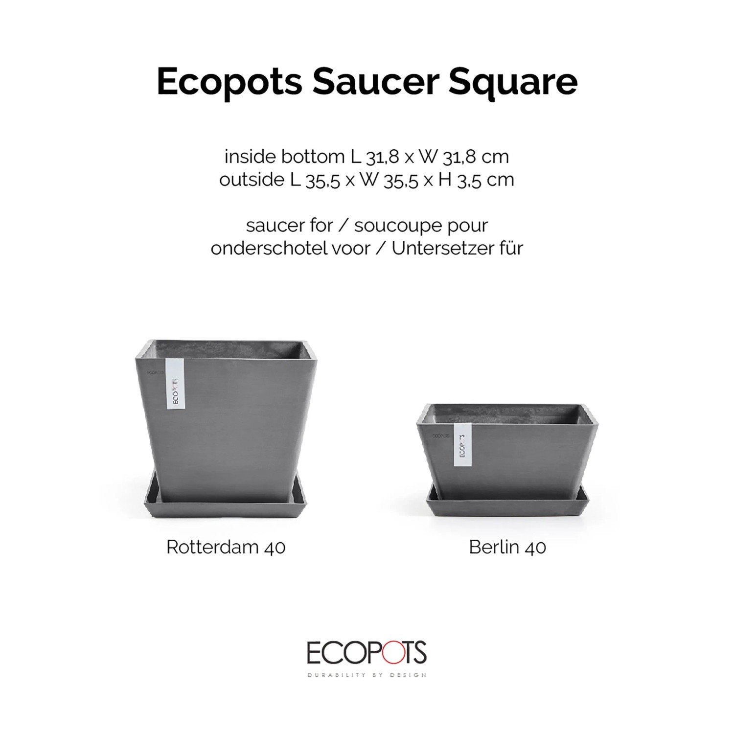 Ecopots Untersetzer Rotterdam Grau, 35,5x35,5 cm, für Pflanzgefäße, schützt Oberflächen.