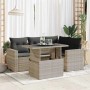 Hellgraue 5-tlg. vidaXL Garten-Sofagarnitur aus Polyrattan mit Tisch und grauen Kissen.