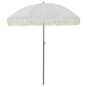 Grau-weißer vidaXL Sonnenschirm (Ø 160 cm) mit Fransen und Stahlmast für Garten & Terrasse.