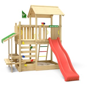 Jungle Gym Spielturm Plaza mit roter Rutsche, Picknickmodul und Sandkasten. Holz natur.