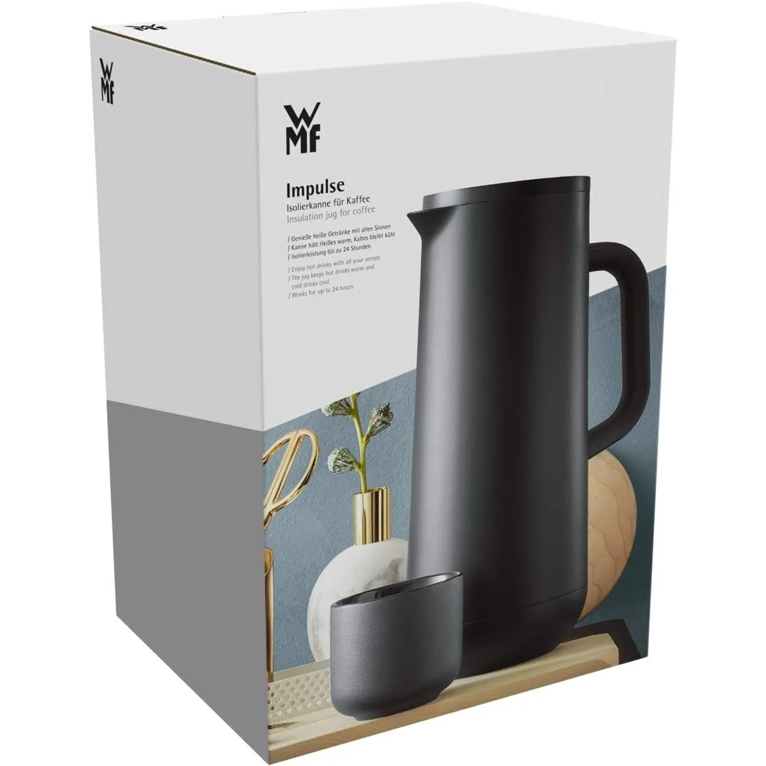 WMF Impulse Isolierkanne 1,0l schwarz auf Verpackung. Moderne Thermoskanne für Kaffee oder Tee, mit Griff.