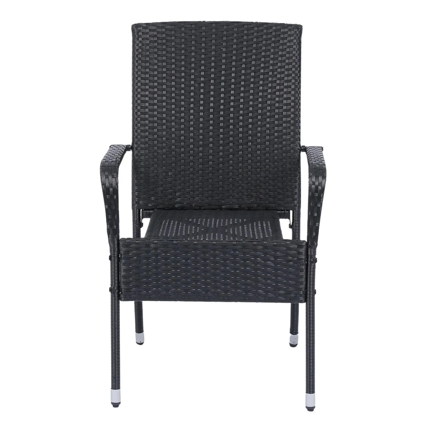 Schwarzer Polyrattan Gartenstuhl Yoro mit Armlehnen, stapelbar.